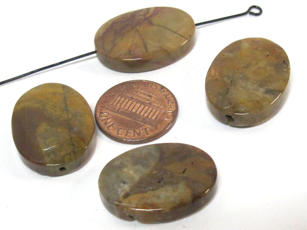 4 beads - Petrified woodstone jasper flat large oval flat disc shape gemstone beads - GM431