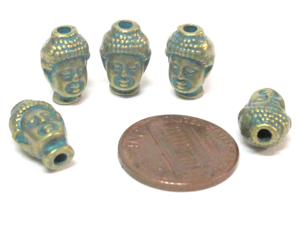 4 Beads- Antiqued green brass color plated Tibetan Buddha bead - BD844B
