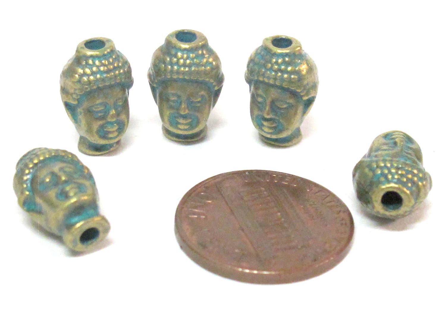 4 Beads- Antiqued green brass color plated Tibetan Buddha bead - BD844B