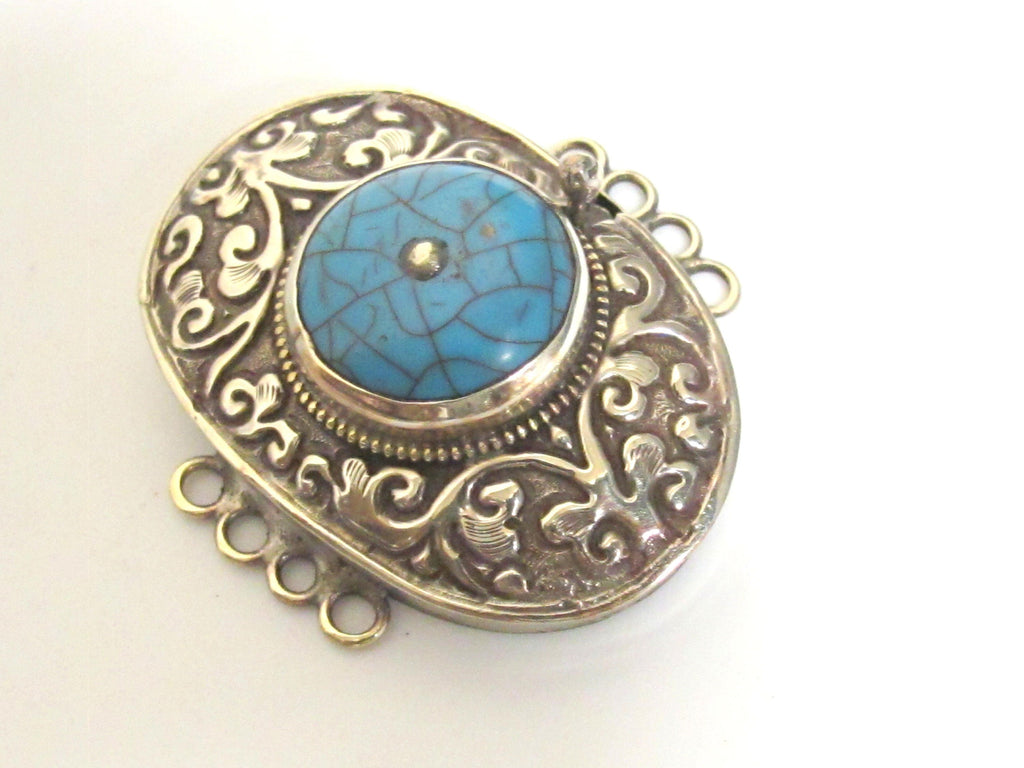 1 clasp - Large size ethnic Tibetan silver blue crackle resin inlaid statement box clasp pendant from Nepal - LN037