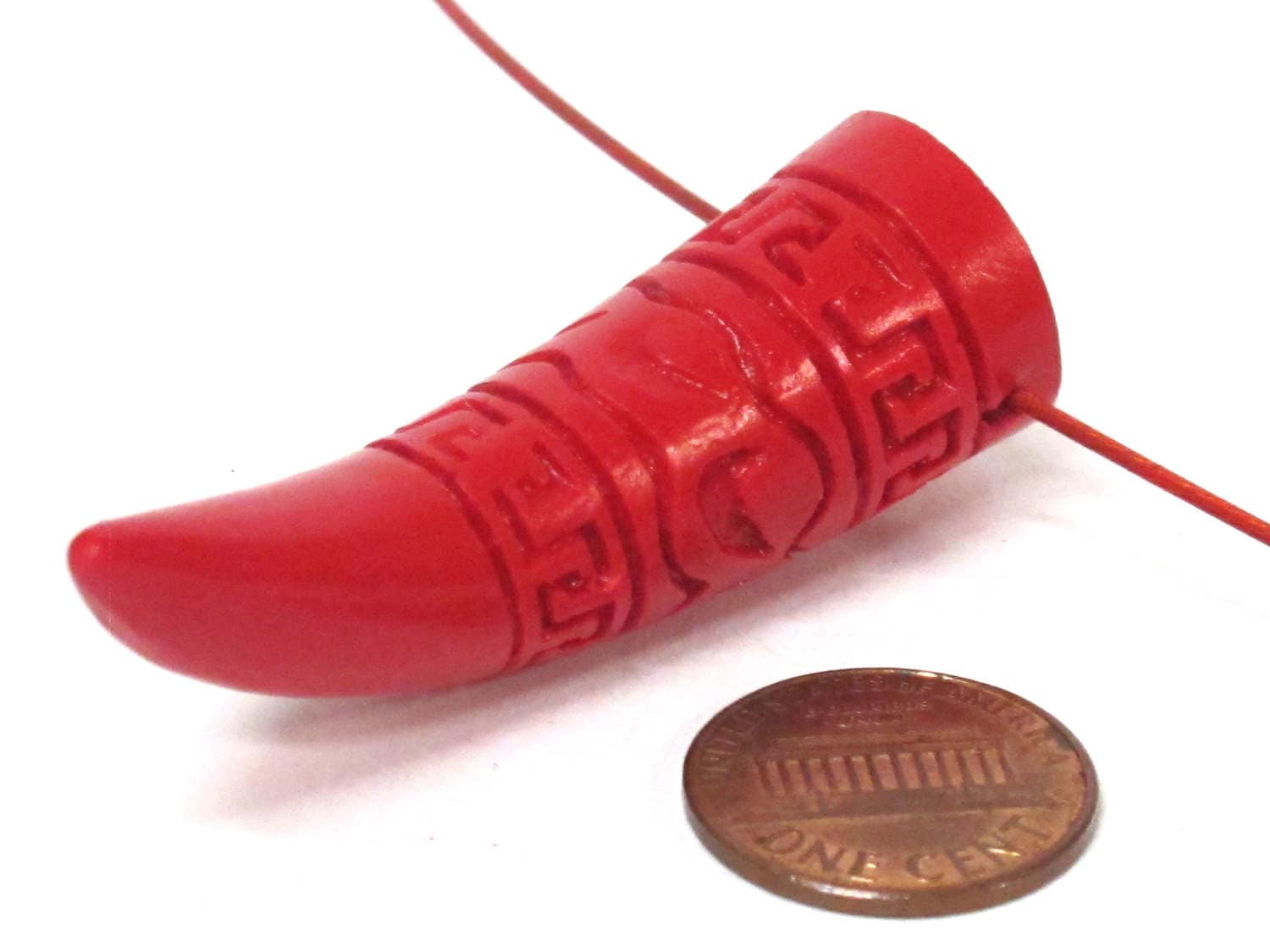 1 bead - Large size Tribal tooth design shape Tibetan carved lacquerware synthetic cinnabar beads - BD957A