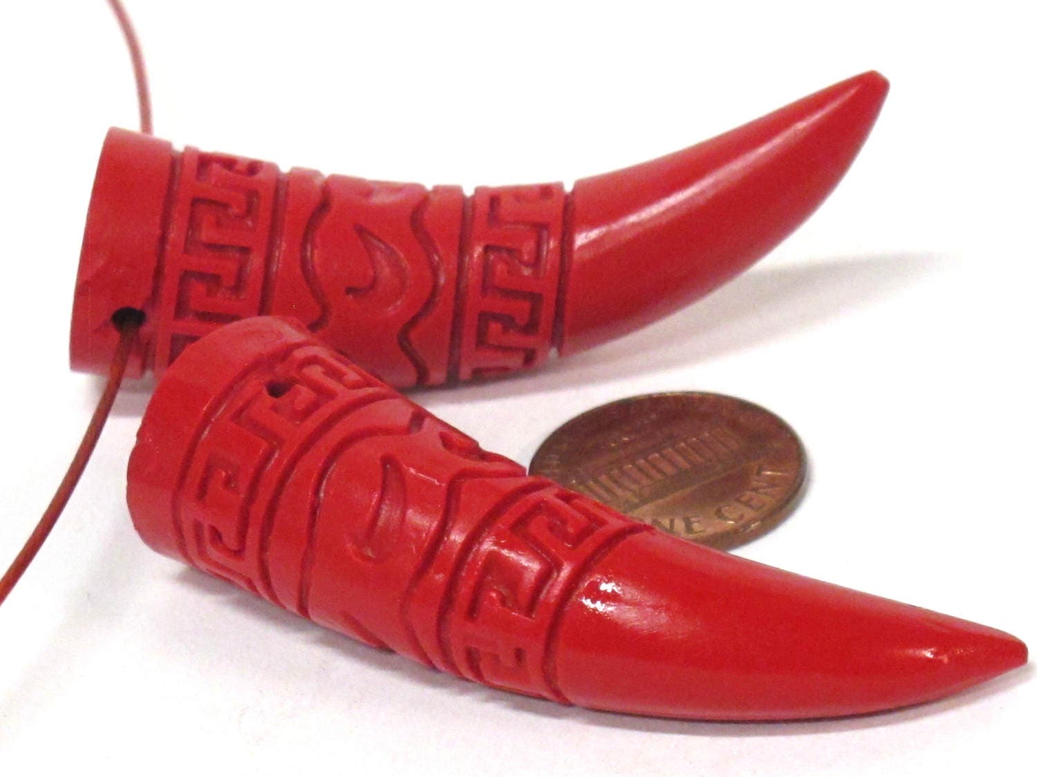 1 bead - Large size Tribal tooth design shape Tibetan carved lacquerware synthetic cinnabar beads - BD957A