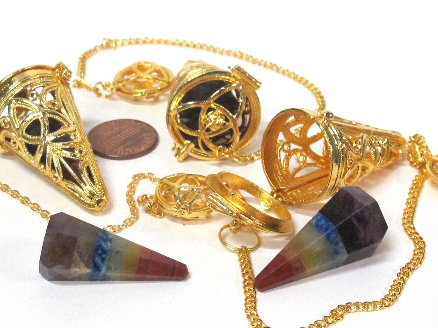 1 pendant - Tibetan gold color plated cage pendulum pendant with pyramid cone shape hex cut chakra stone- PM556