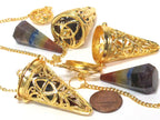 1 pendant - Tibetan gold color plated cage pendulum pendant with pyramid cone shape hex cut chakra stone- PM556