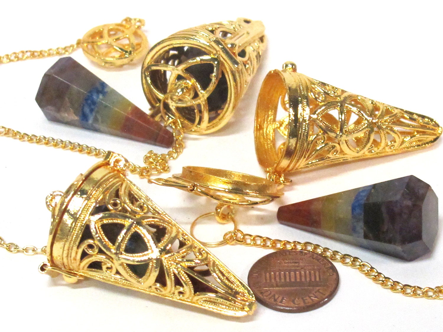 1 pendant - Tibetan gold color plated cage pendulum pendant with pyramid cone shape hex cut chakra stone- PM556