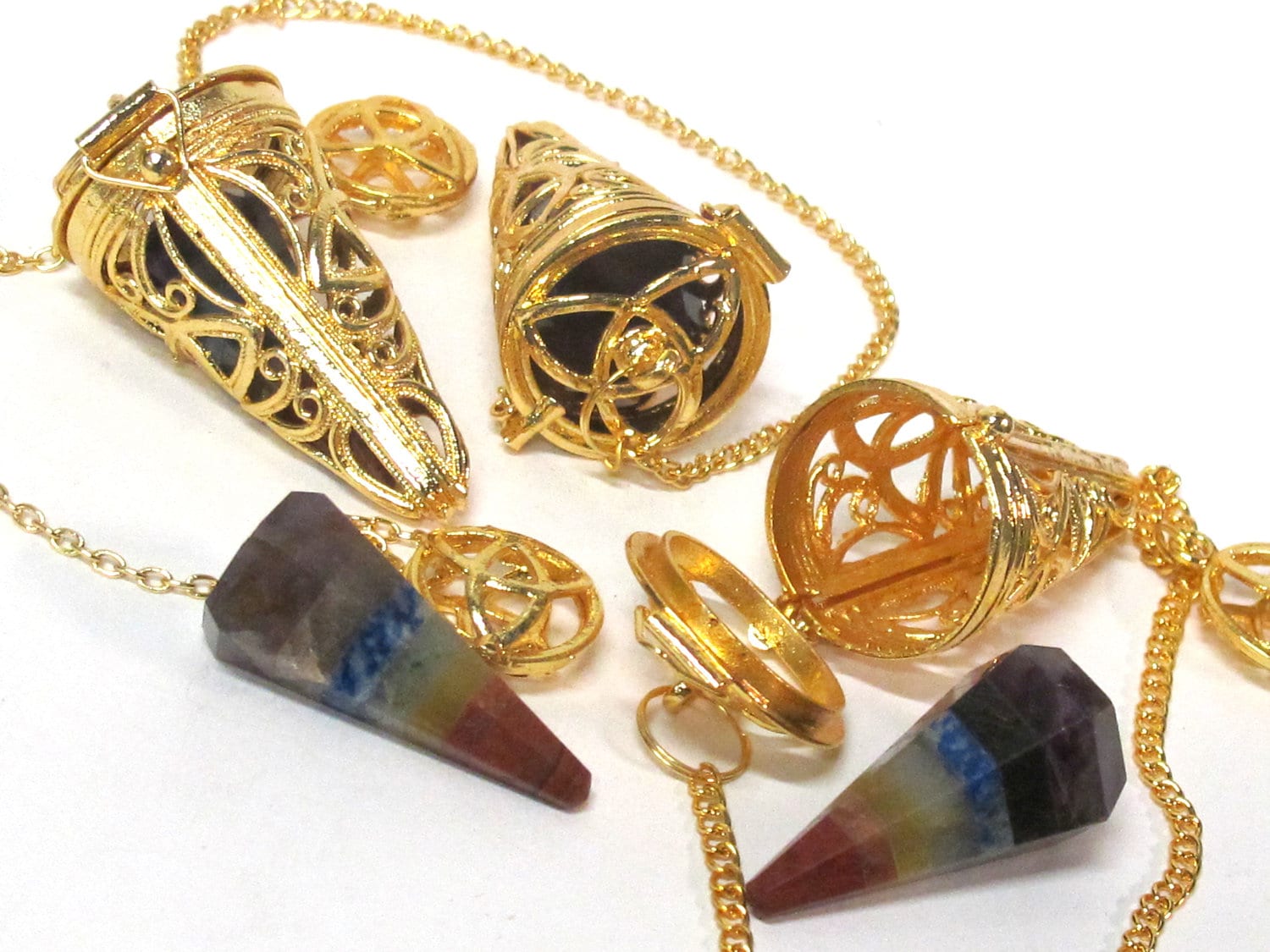 1 pendant - Tibetan gold color plated cage pendulum pendant with pyramid cone shape hex cut chakra stone- PM556