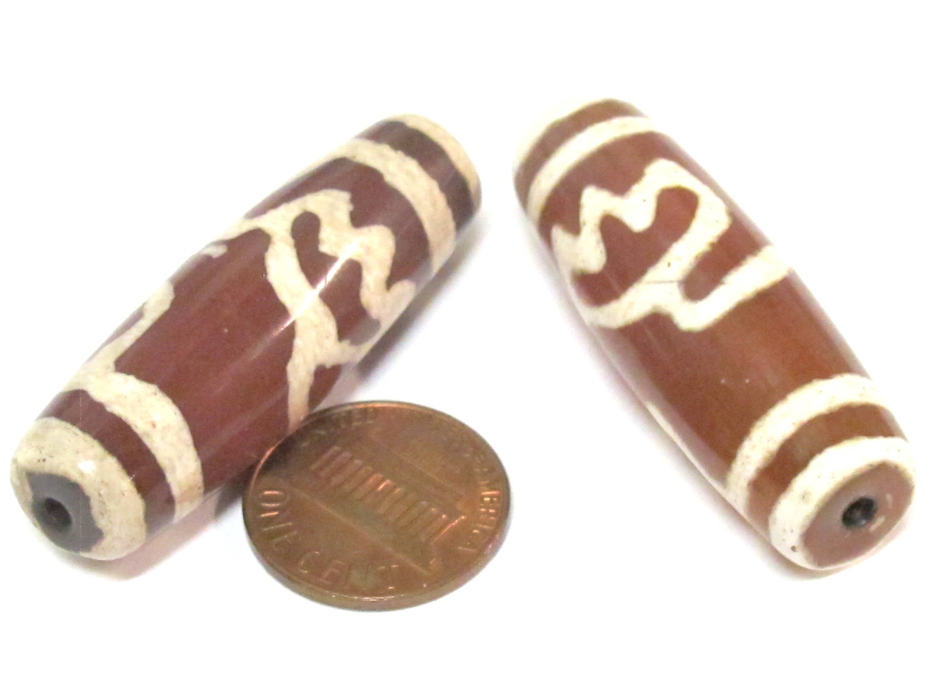 1 Bead - Large Long Tibetan Lotus flower etched agate dzi bead - GM432B