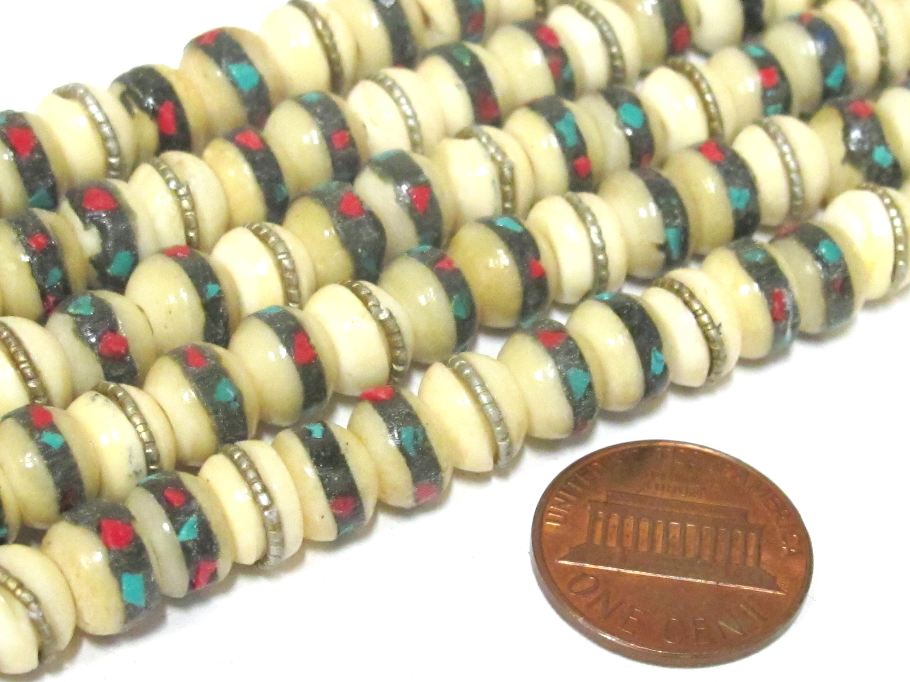 20 beads - 8 mm Tibetan white color recycled cattle bone beads turquoise brass coral inlay beads - inlaid nepal beads ML070C