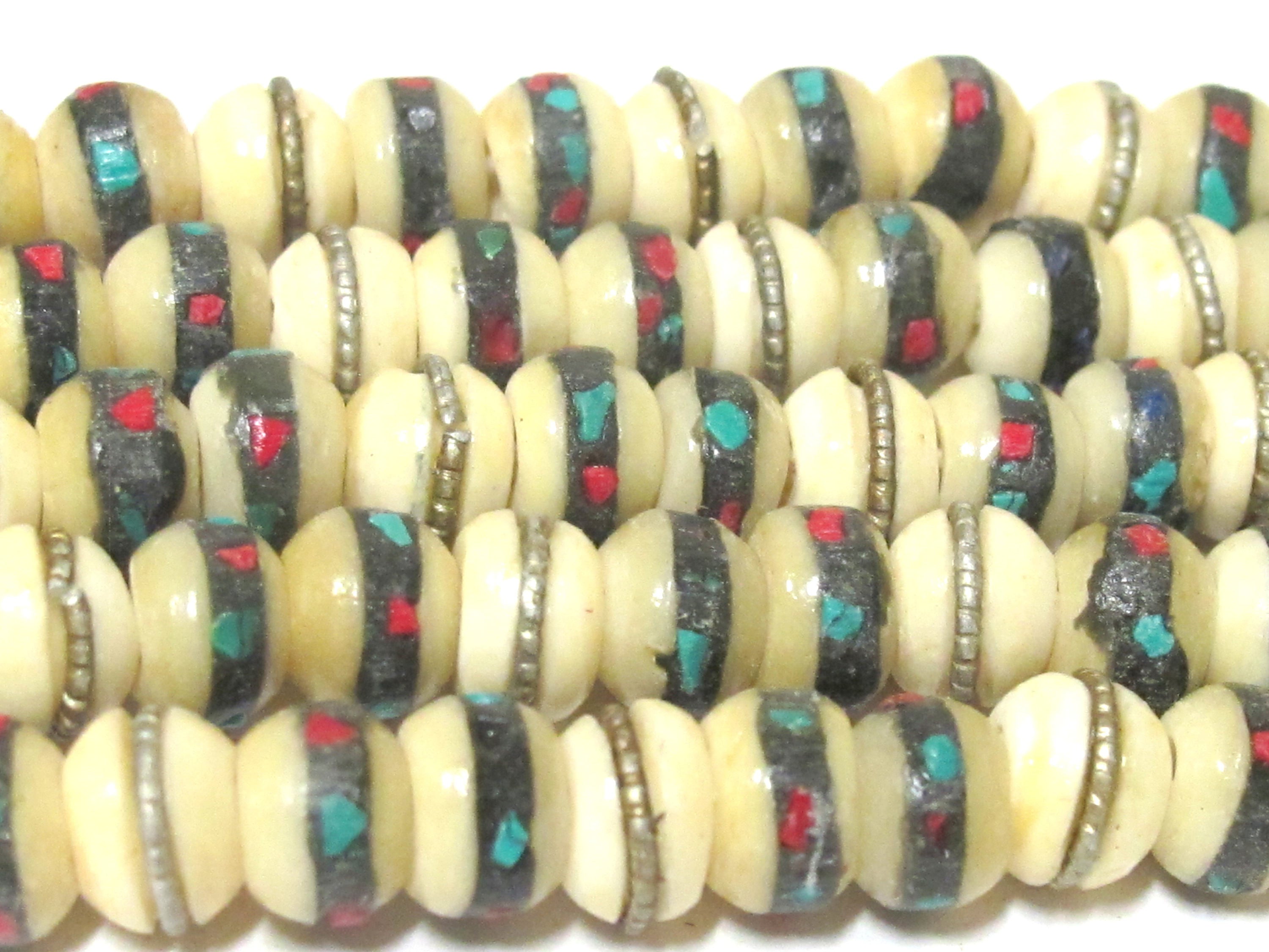 20 beads - 8 mm Tibetan white color recycled cattle bone beads turquoise brass coral inlay beads - inlaid nepal beads ML070C