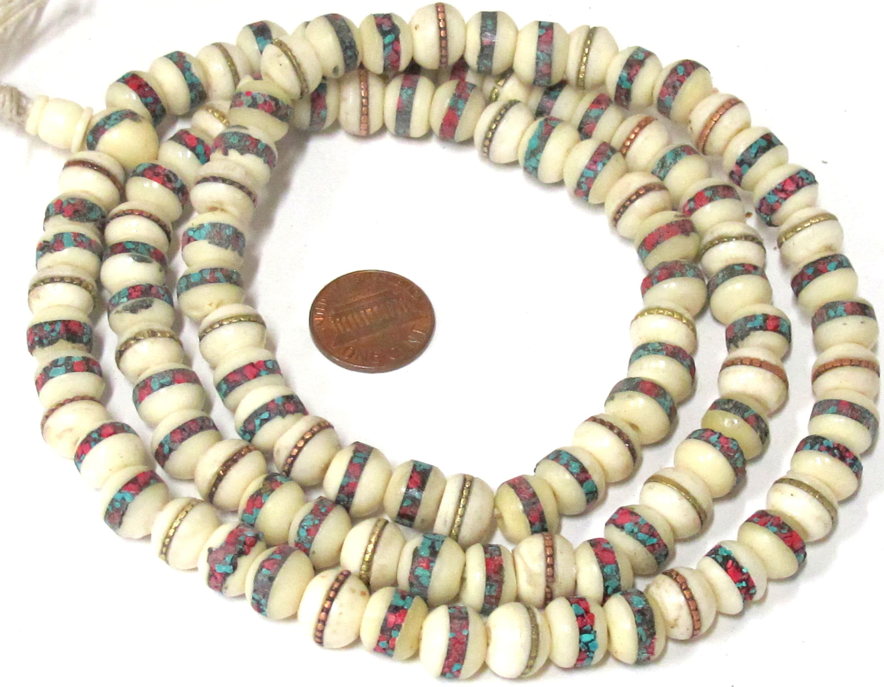 108 beads - 10 mm Tibetan cream white color bone mala turquoise brass copper turquoise coral inlay recycledcattle bone beads Nepal - ML075A