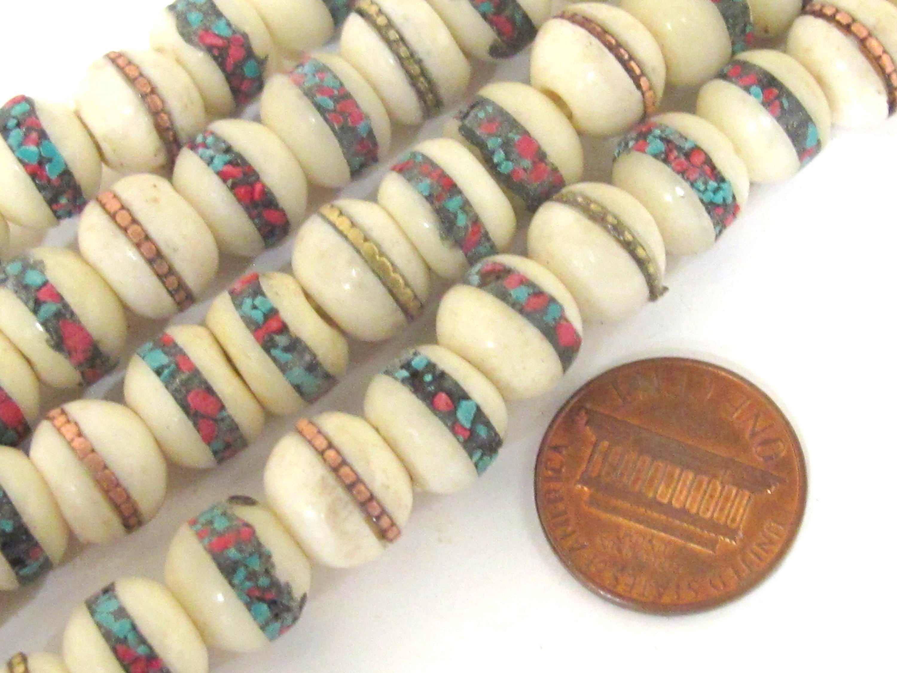 108 beads - 10 mm Tibetan cream white color bone mala turquoise brass copper turquoise coral inlay recycledcattle bone beads Nepal - ML075A