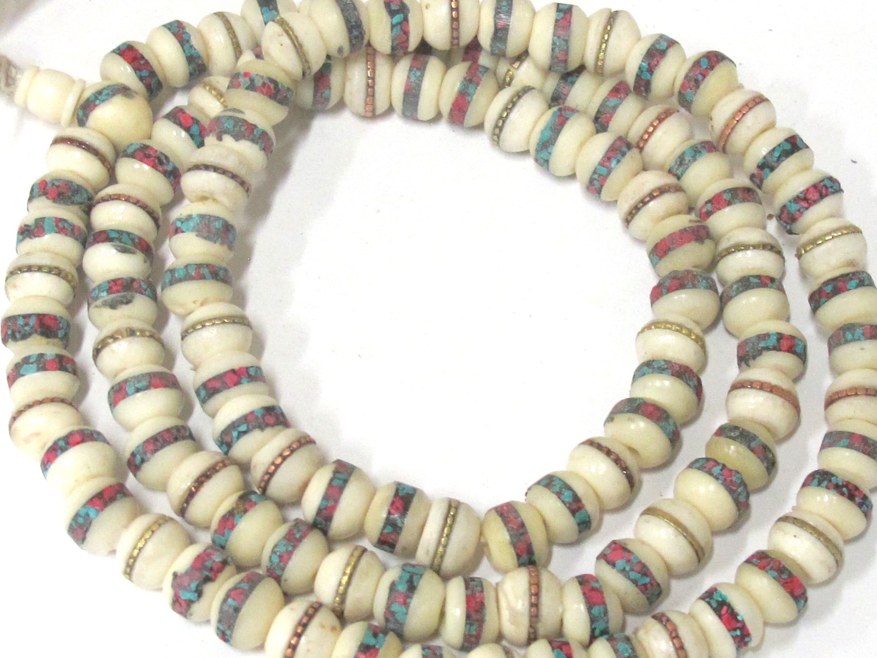 108 beads - 10 mm Tibetan cream white color bone mala turquoise brass copper turquoise coral inlay recycledcattle bone beads Nepal - ML075A