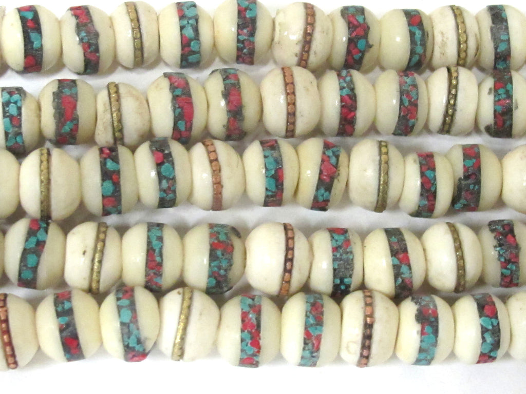 108 beads - 10 mm Tibetan cream white color bone mala turquoise brass copper turquoise coral inlay recycledcattle bone beads Nepal - ML075A