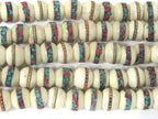 108 beads - 10 mm Tibetan cream white color bone mala turquoise brass copper turquoise coral inlay recycledcattle bone beads Nepal - ML075A