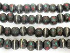 25 recycled cattle bone beads - 10 mm size Tibetan black brown color bone mala beads with turquoise inlay- ML040D