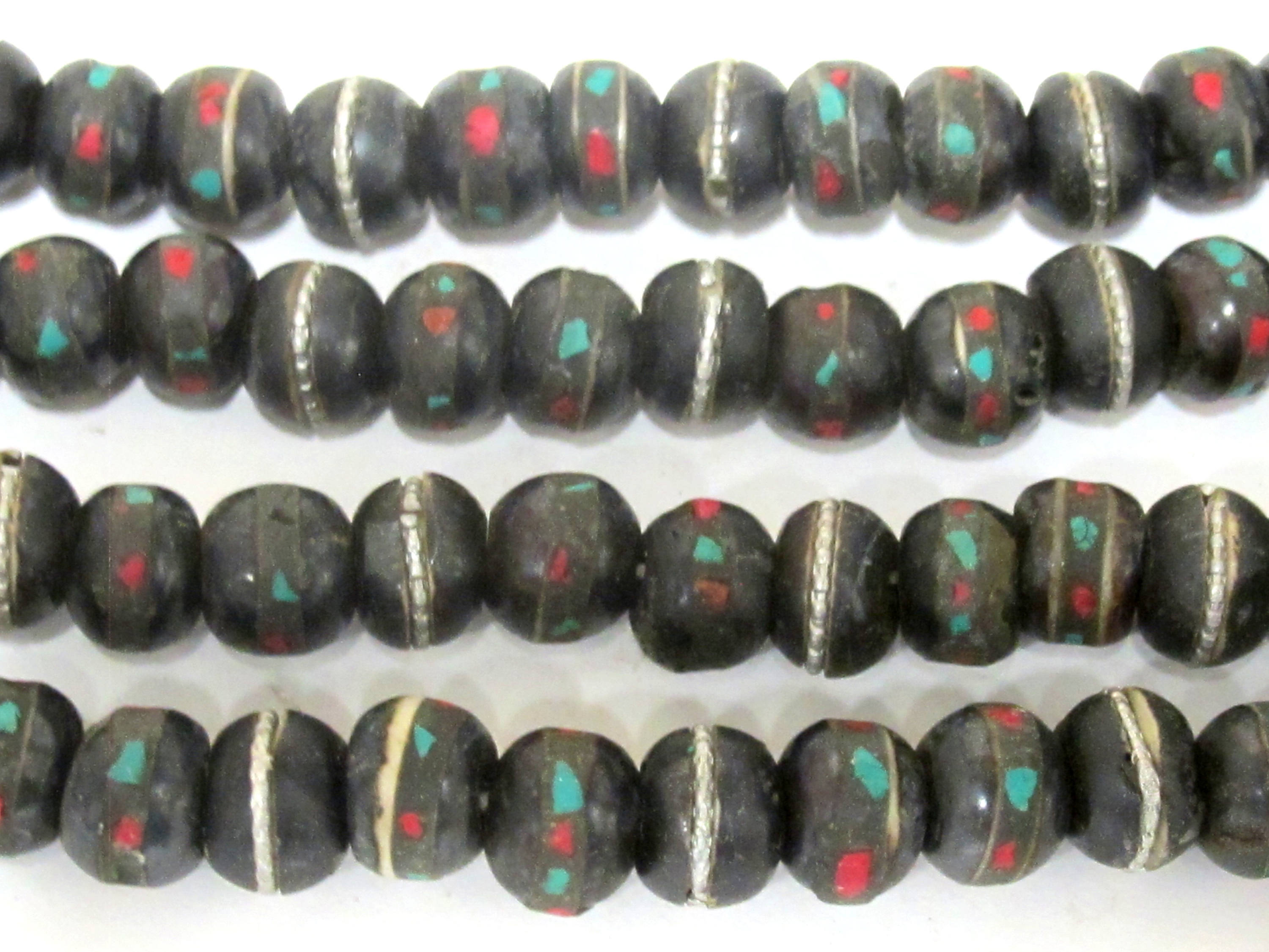 25 recycled cattle bone beads - 10 mm size Tibetan black brown color bone mala beads with turquoise inlay- ML040D