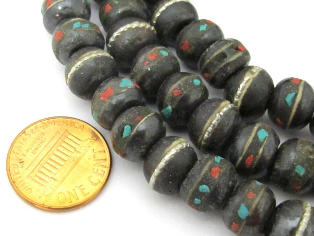 25 recycled cattle bone beads - 10 mm size Tibetan black brown color bone mala beads with turquoise inlay- ML040D