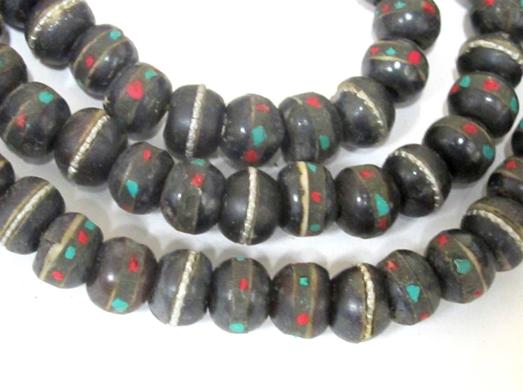25 recycled cattle bone beads - 10 mm size Tibetan black brown color bone mala beads with turquoise inlay- ML040D