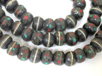 25 recycled cattle bone beads - 10 mm size Tibetan black brown color bone mala beads with turquoise inlay- ML040D