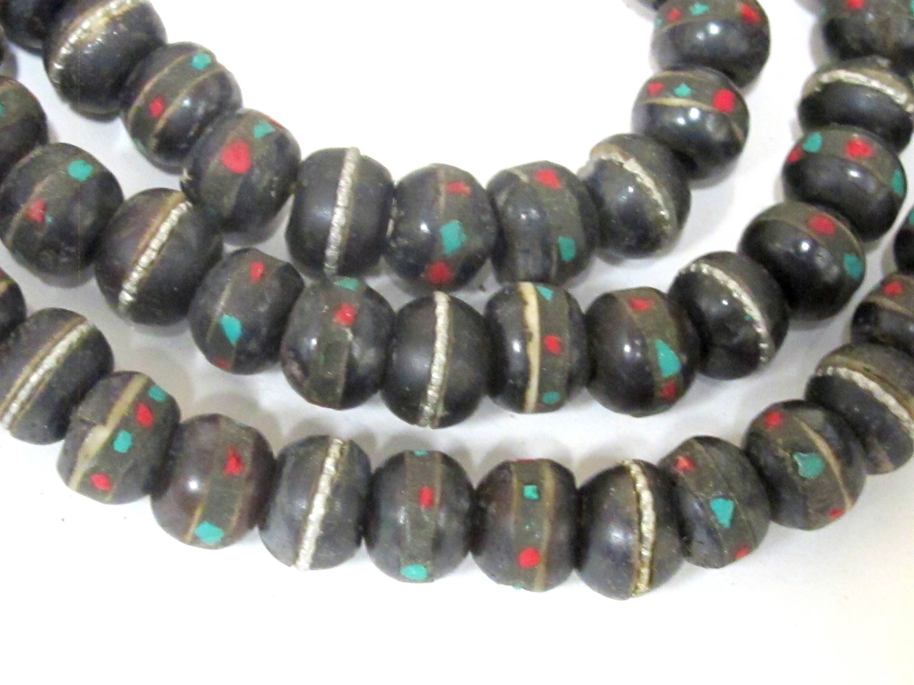 25 recycled cattle bone beads - 10 mm size Tibetan black brown color bone mala beads with turquoise inlay- ML040D
