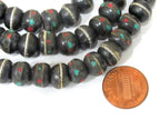 25 recycled cattle bone beads - 10 mm size Tibetan black brown color bone mala beads with turquoise inlay- ML040D