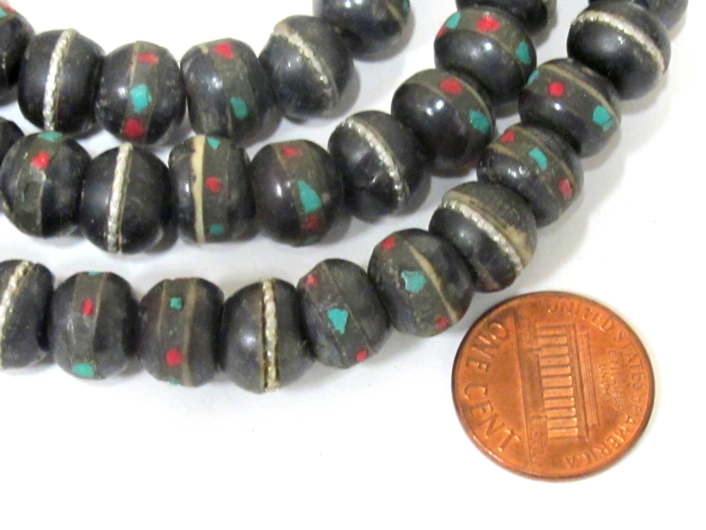 25 recycled cattle bone beads - 10 mm size Tibetan black brown color bone mala beads with turquoise inlay- ML040D