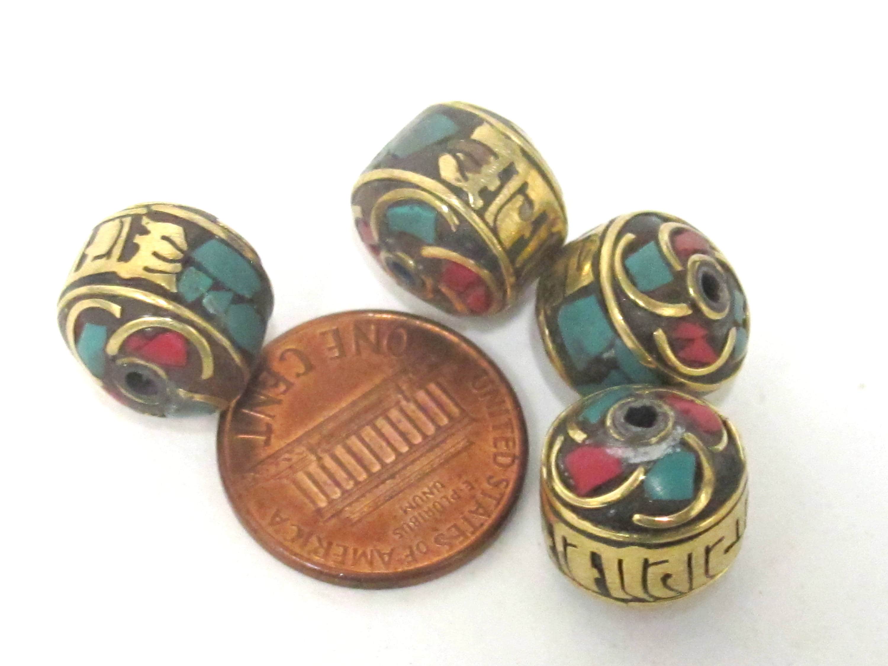 2 Beads - Tibetan prayer beads Tibetan Om mani padme hum brass bead with turquoise inlay - Nepal beads - BD958