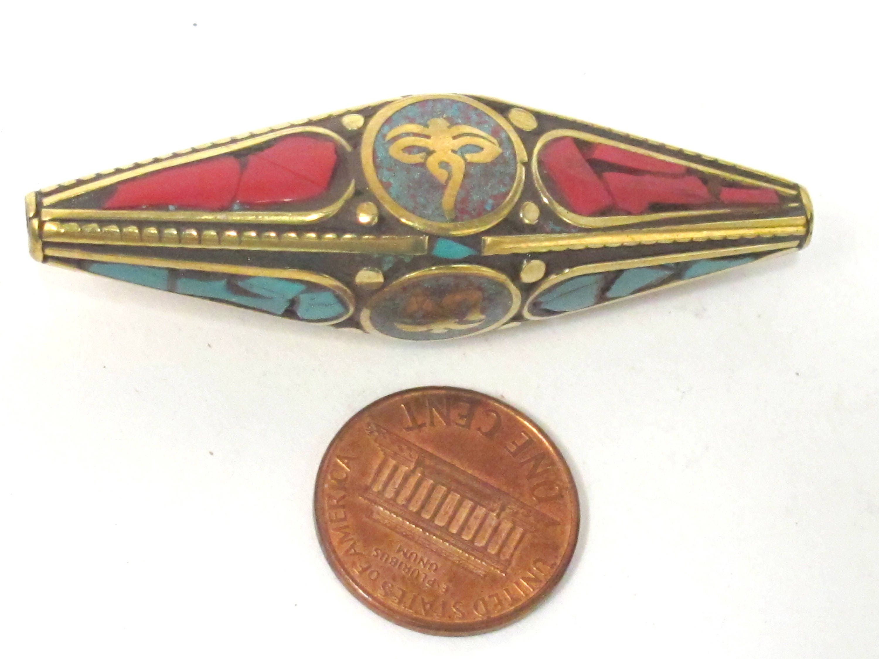 1 Bead - Long Large bicone shape Tibetan buddha eye symbol and Om mantra brass bead with turquoise inlay - BD959
