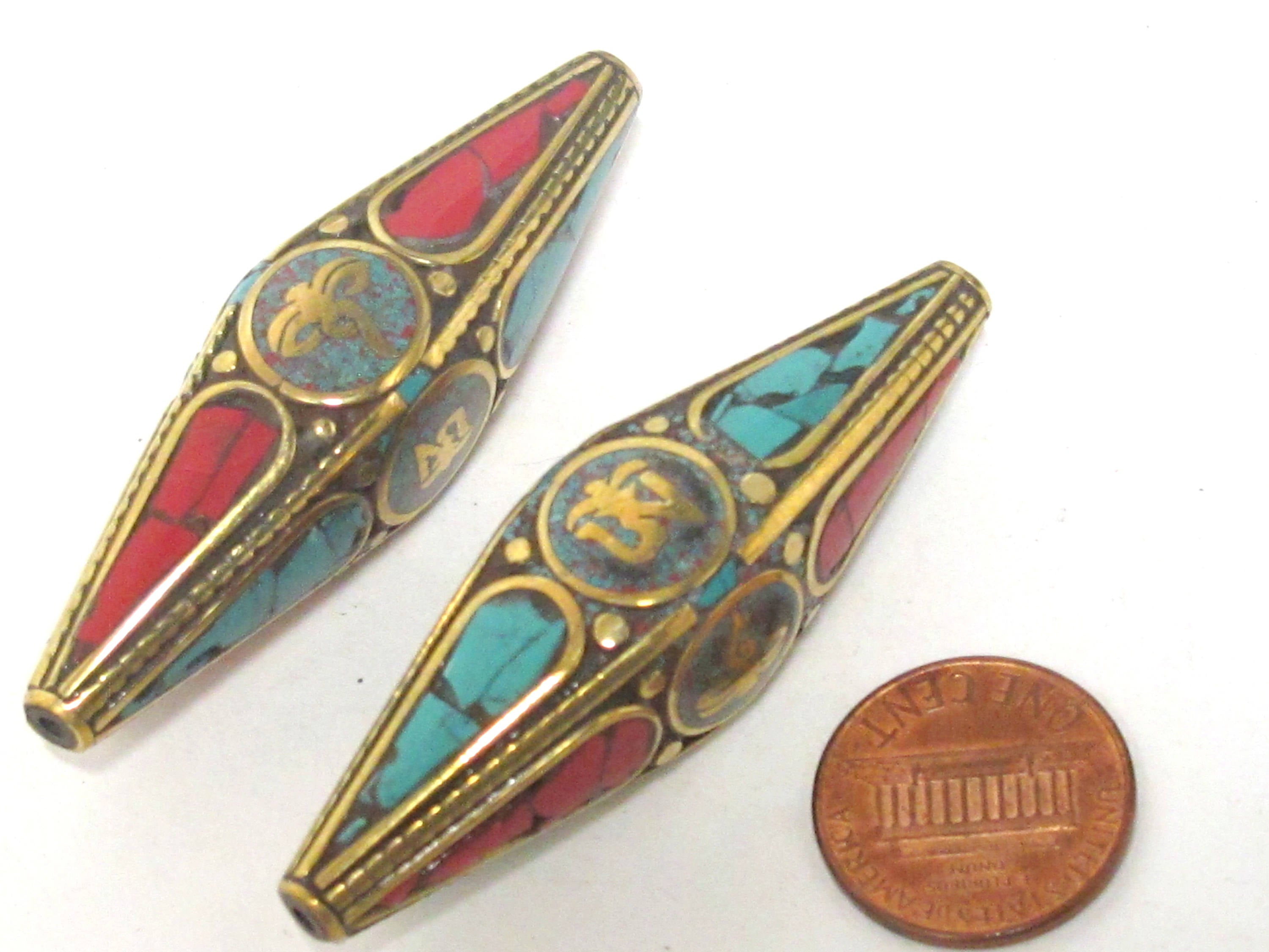 1 Bead - Long Large bicone shape Tibetan buddha eye symbol and Om mantra brass bead with turquoise inlay - BD959