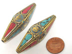 1 Bead - Long Large bicone shape Tibetan buddha eye symbol and Om mantra brass bead with turquoise inlay - BD959