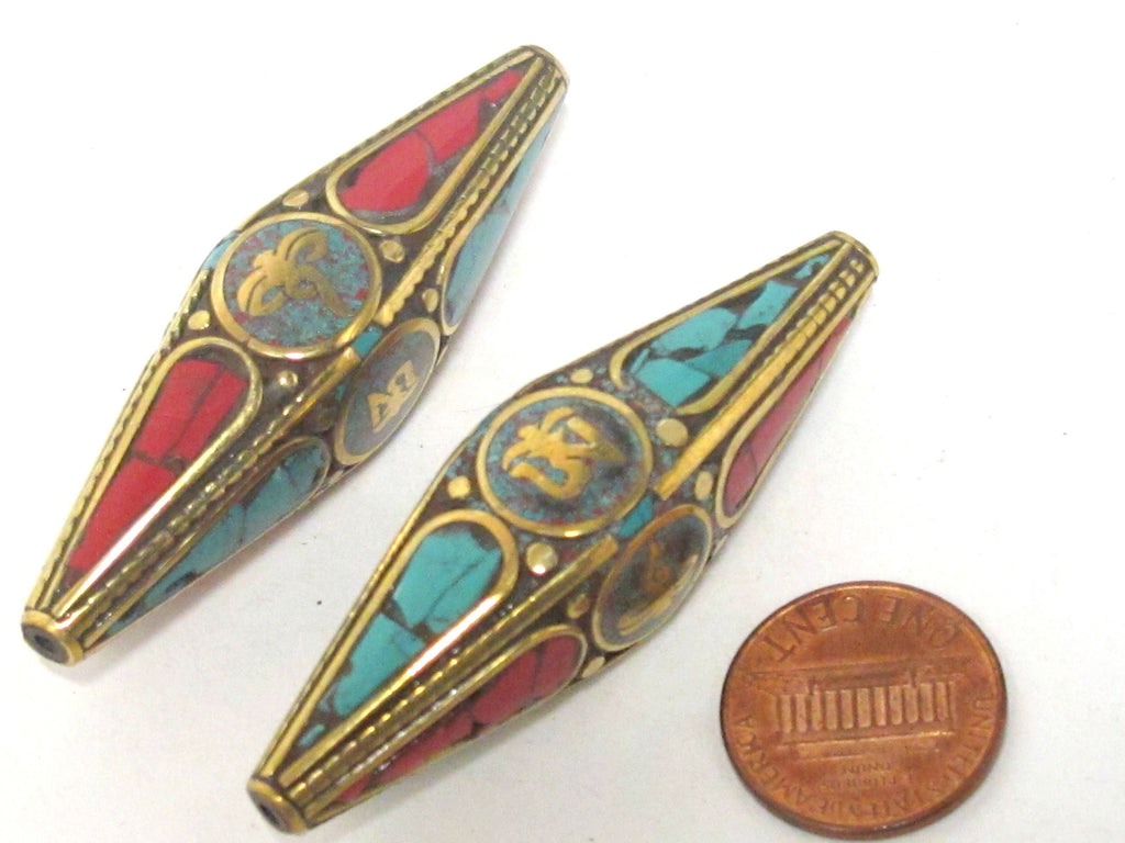 1 Bead - Long Large bicone shape Tibetan buddha eye symbol and Om mantra brass bead with turquoise inlay - BD959