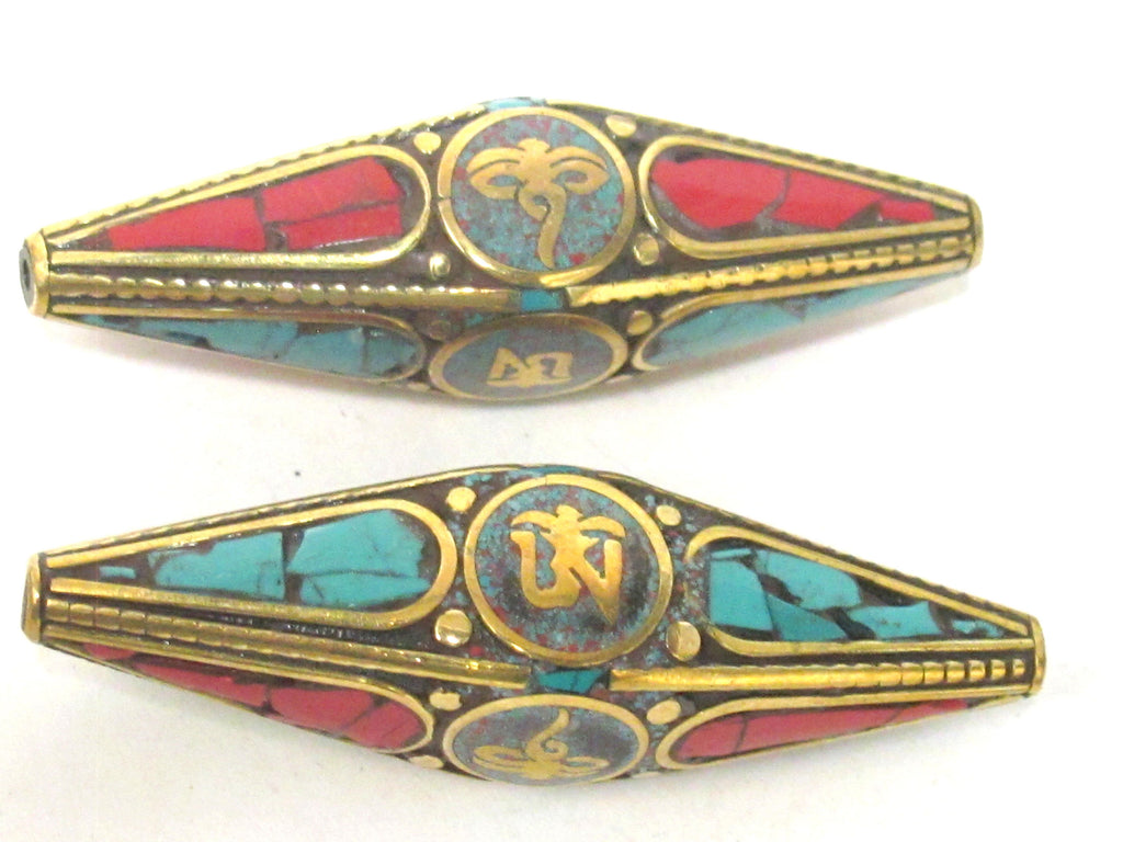 1 Bead - Long Large bicone shape Tibetan buddha eye symbol and Om mantra brass bead with turquoise inlay - BD959