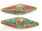 1 Bead - Long Large bicone shape Tibetan buddha eye symbol and Om mantra brass bead with turquoise inlay - BD959