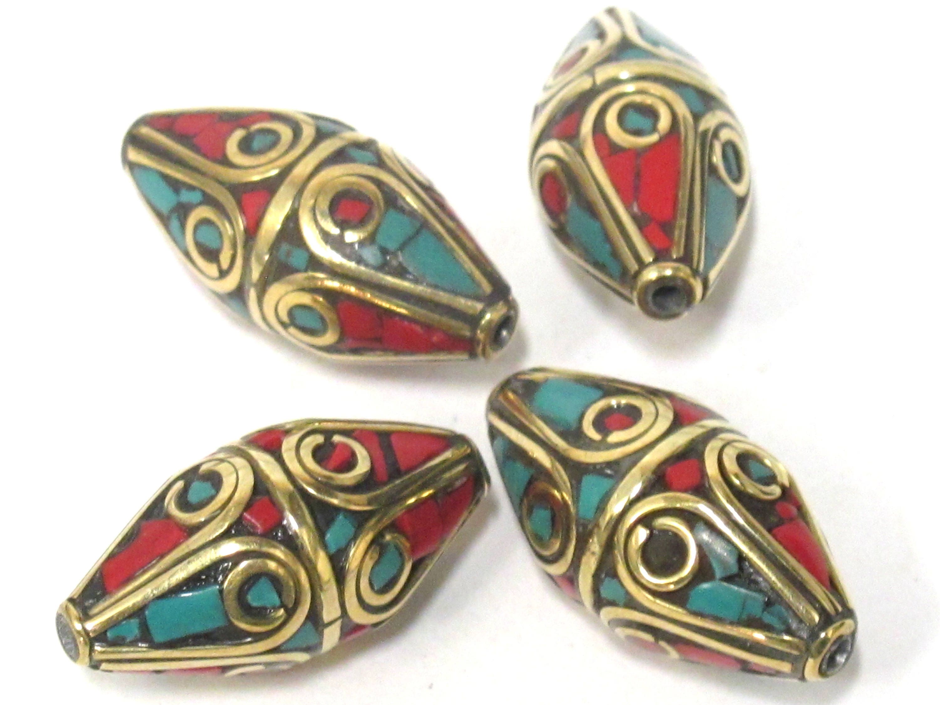 1 Bead - Large Bicone shape nepalese brass bead with turquoise inlay - BD960