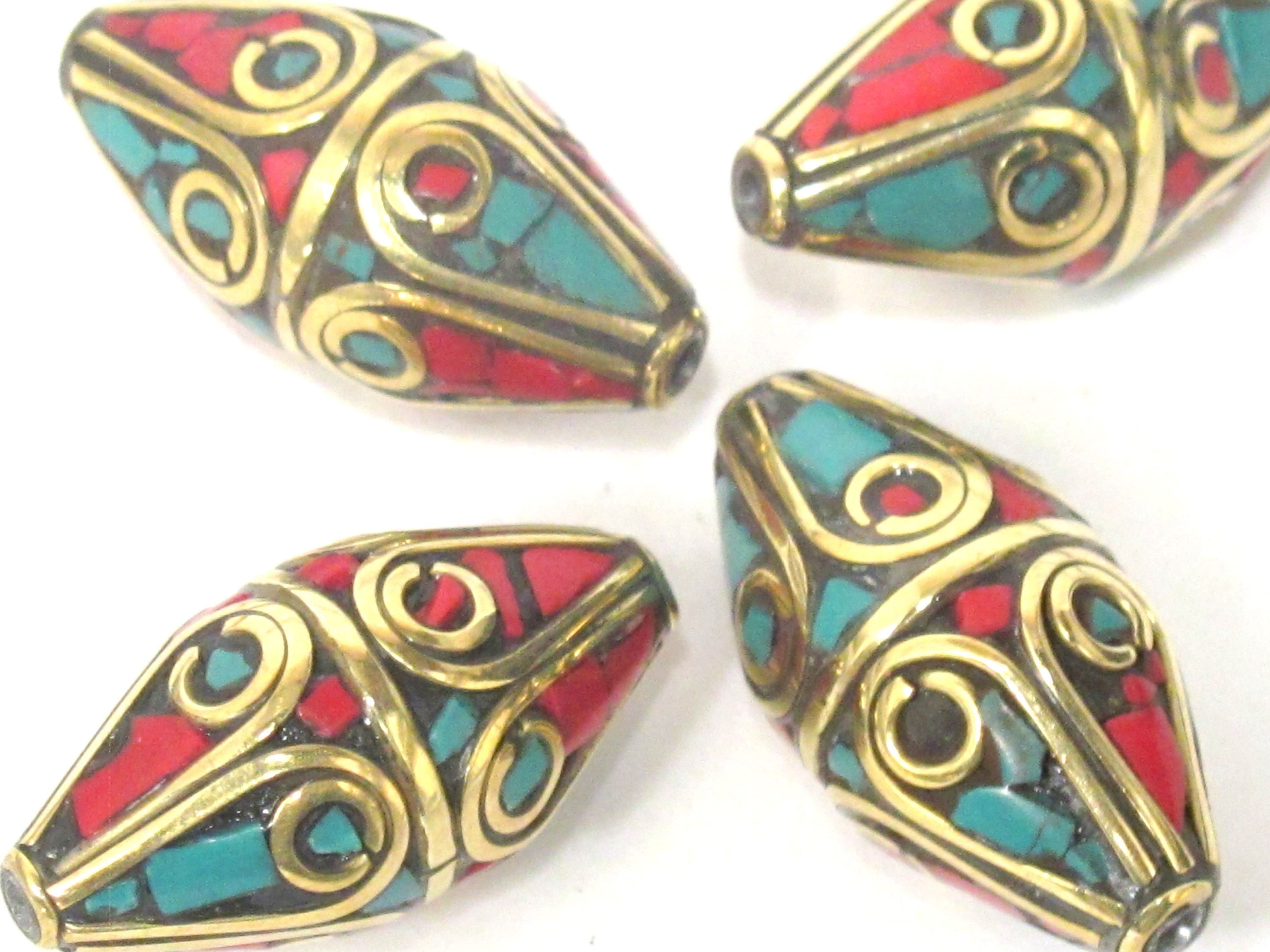 1 Bead - Large Bicone shape nepalese brass bead with turquoise inlay - BD960