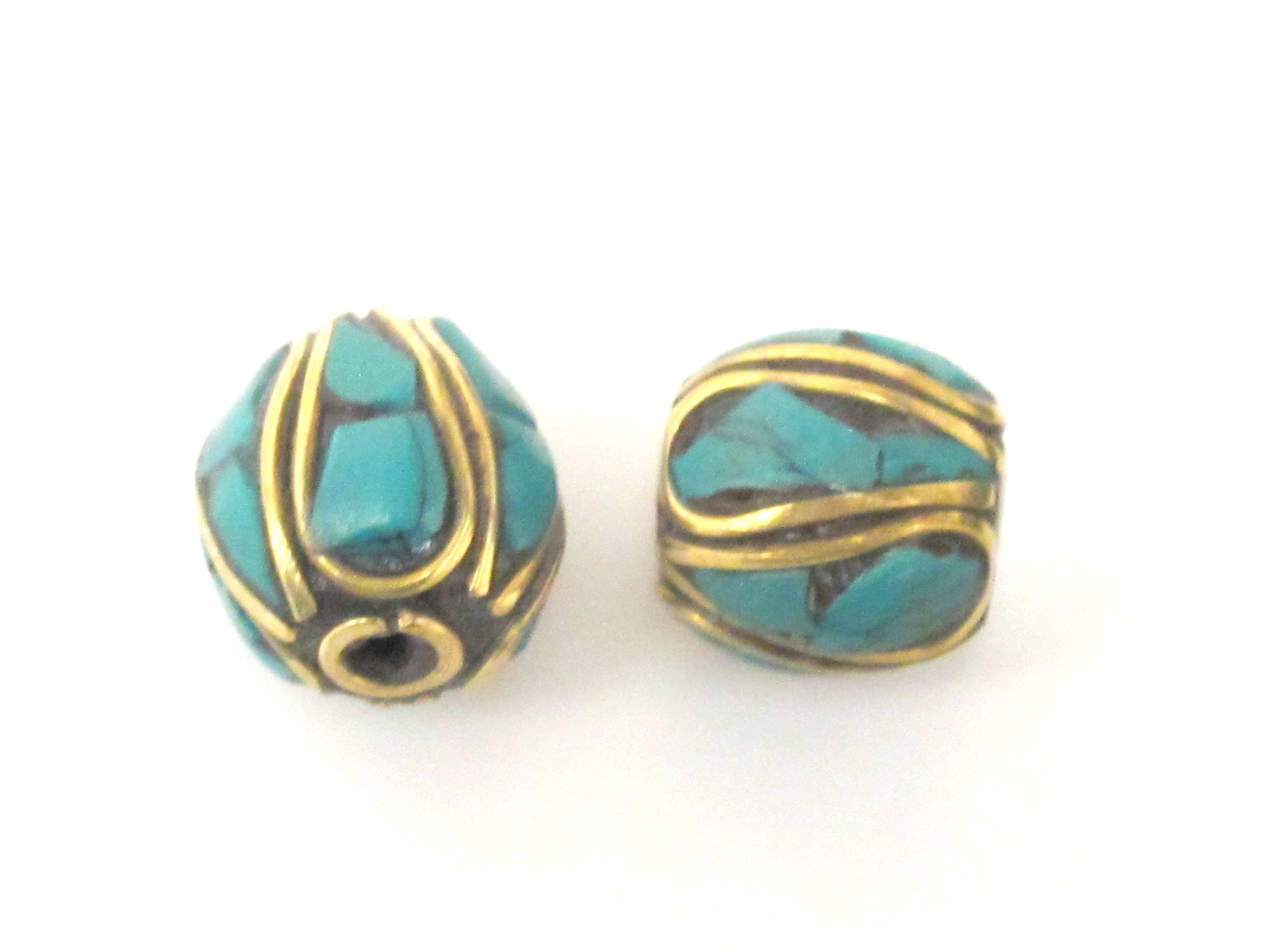 2 beads - Ethnic Nepal Tibetan brass bead with turquoise inlay - BD961