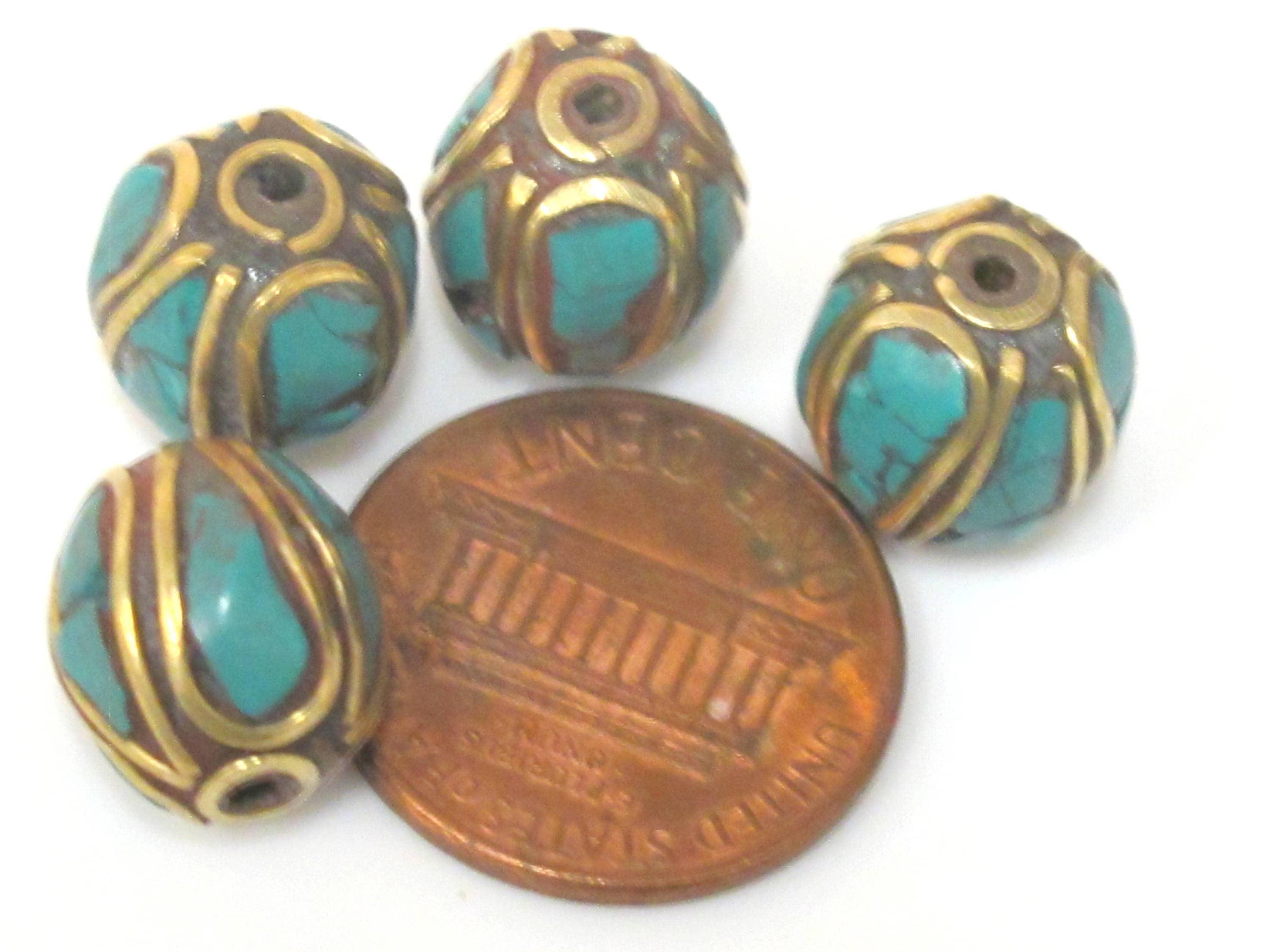 2 beads - Ethnic Nepal Tibetan brass bead with turquoise inlay - BD961
