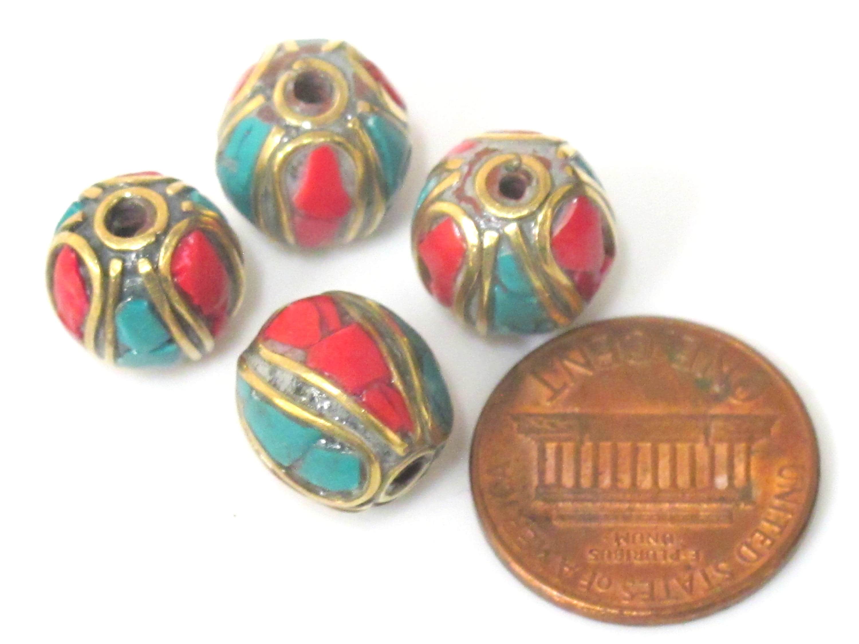 2 beads - Ethnic Nepal Tibetan brass bead with turquoise inlay - BD962