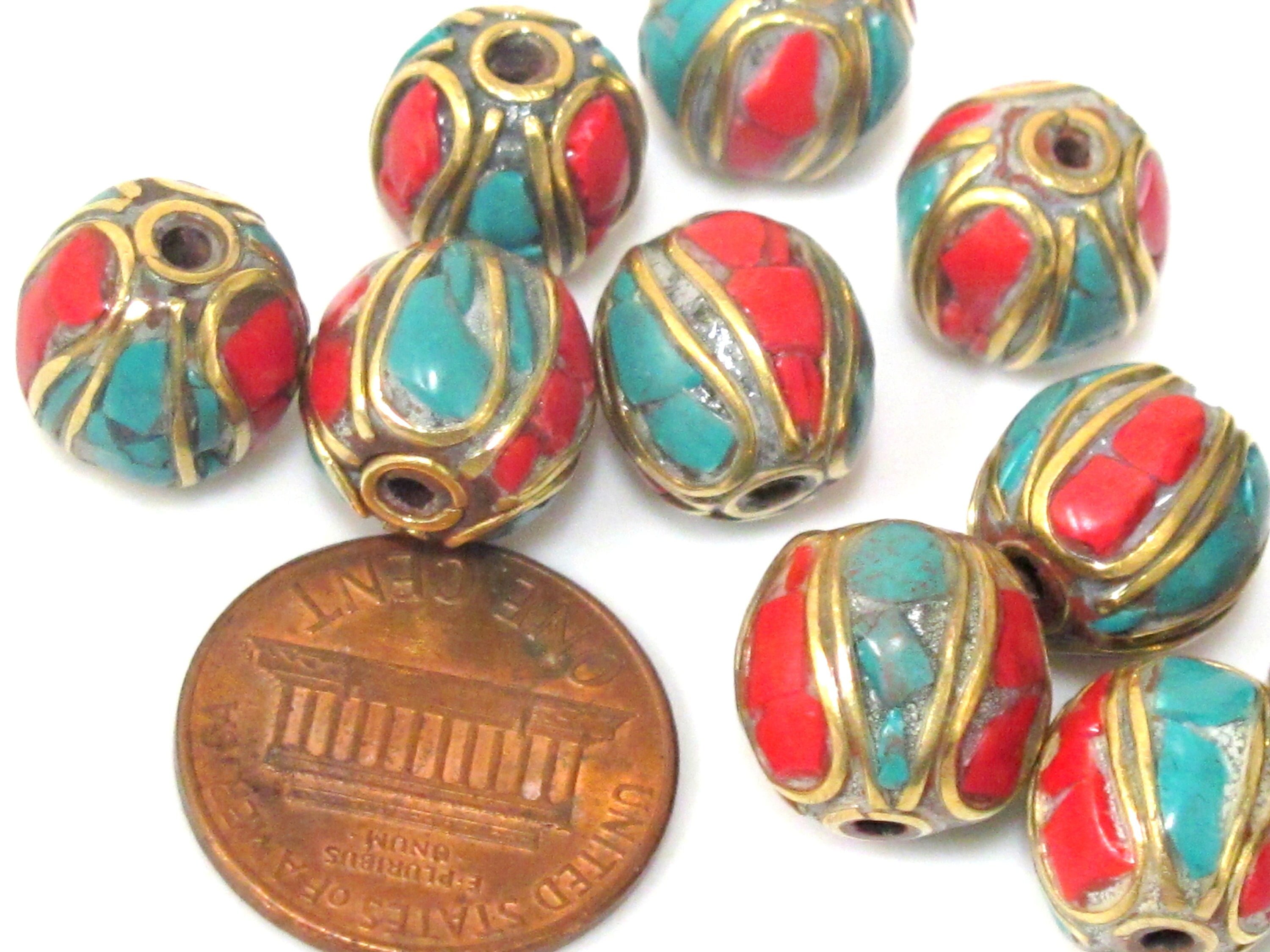 2 beads - Ethnic Nepal Tibetan brass bead with turquoise inlay - BD962