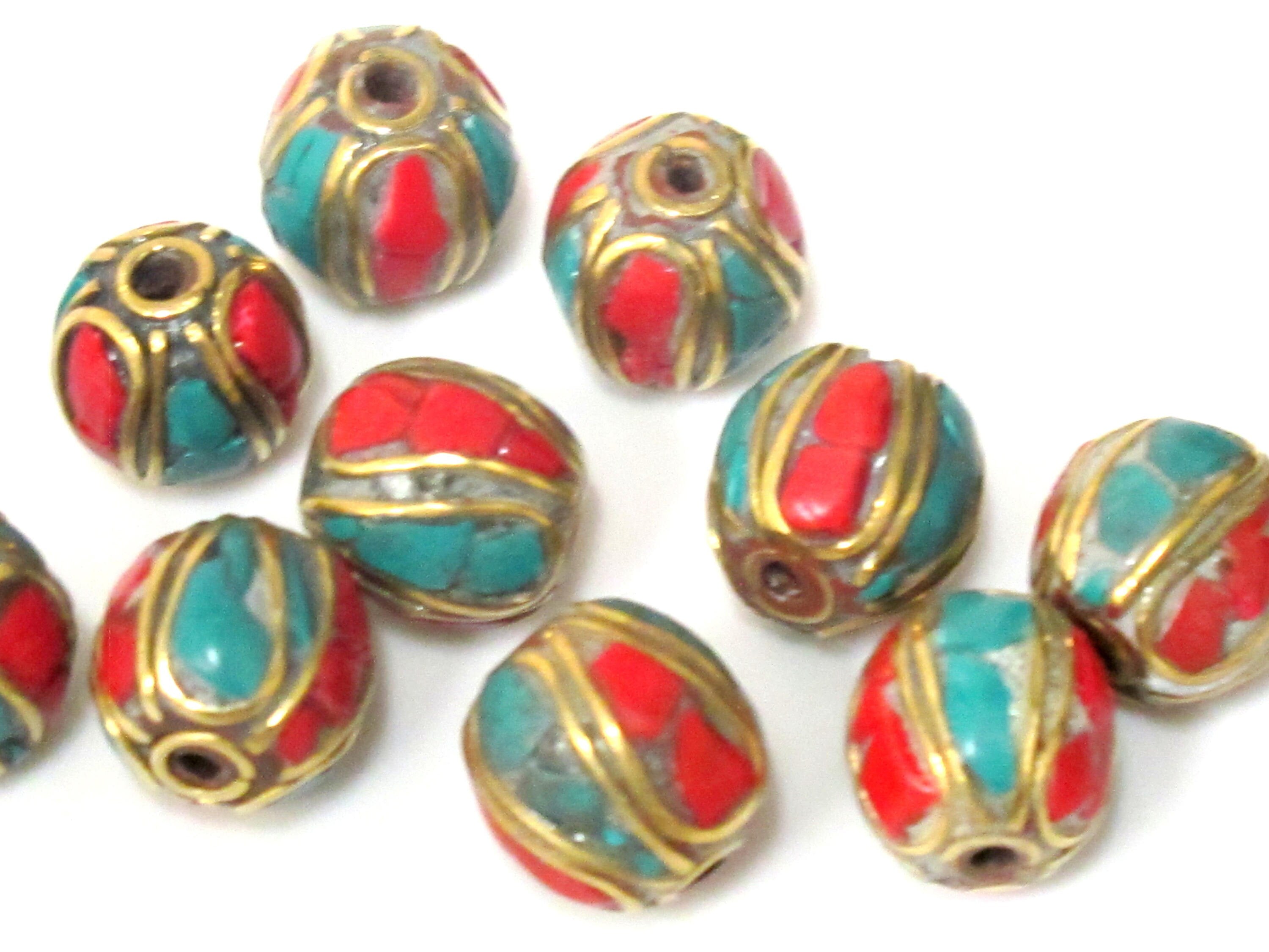 2 beads - Ethnic Nepal Tibetan brass bead with turquoise inlay - BD962