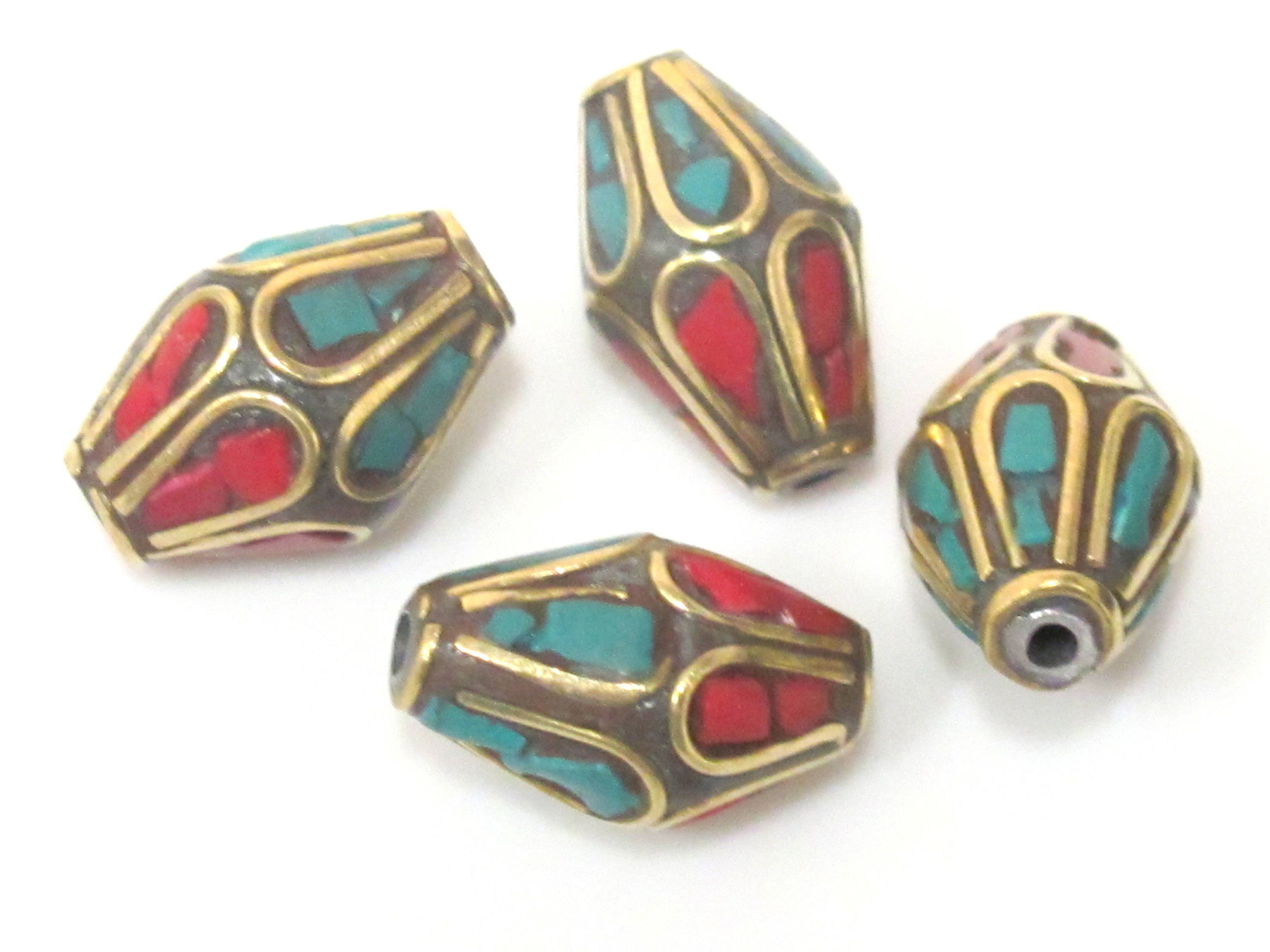 2 beads - Ethnic Nepal Tibetan bicone shape brass bead with turquoise floral whorl design inlay - BD963