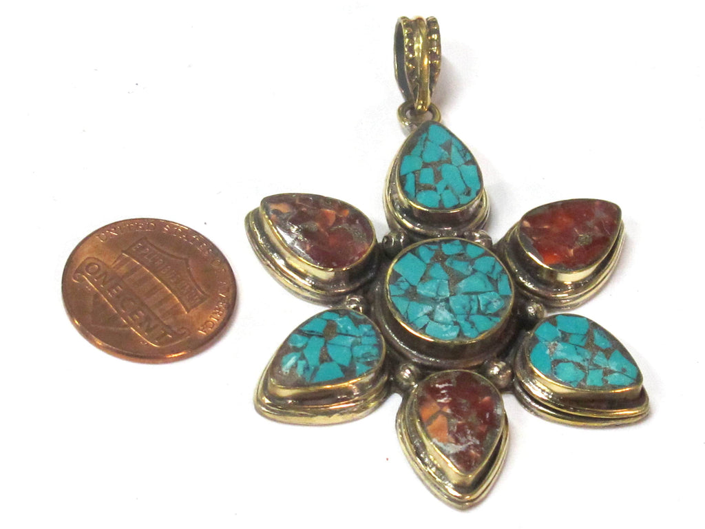 1 Pendant - Ethnic Tibetan brass flower shape turquoise coral mosaic inlay pendant from Nepal - PM561