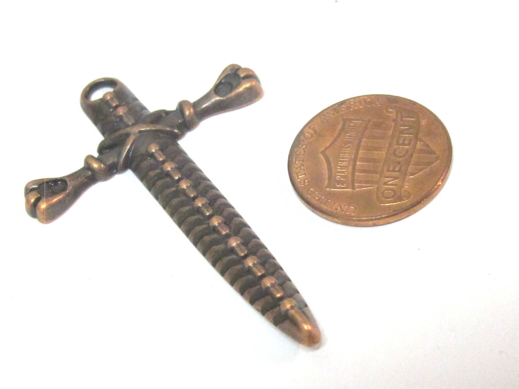 8 charms - Long antiqued copper color light weight sword shape charms 52 mm x 33 mm - CM204