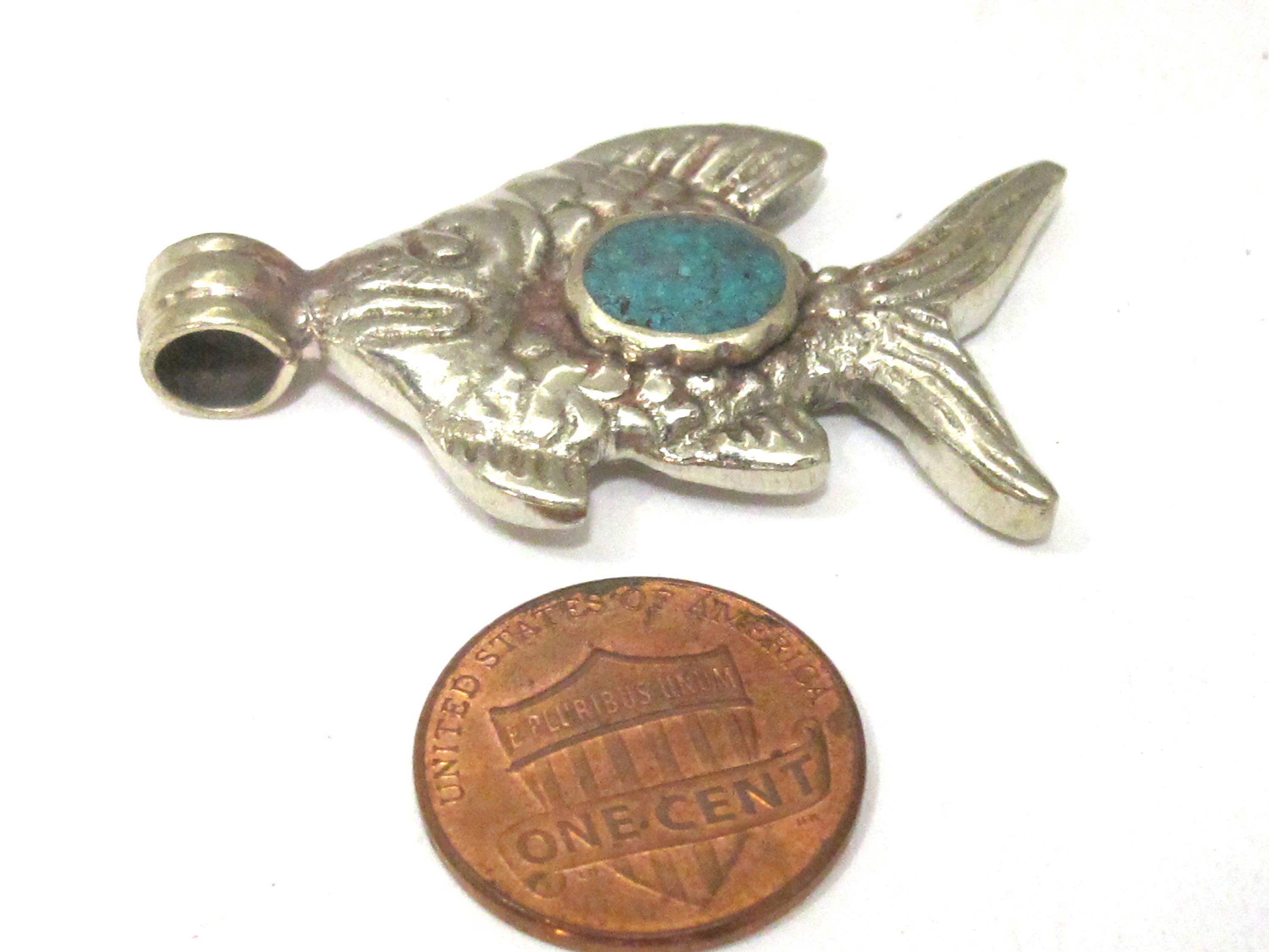 1 Pendant - Dual sided Tibetan silver fish repousse pendant with turquoise inlay from Nepal - PM563A