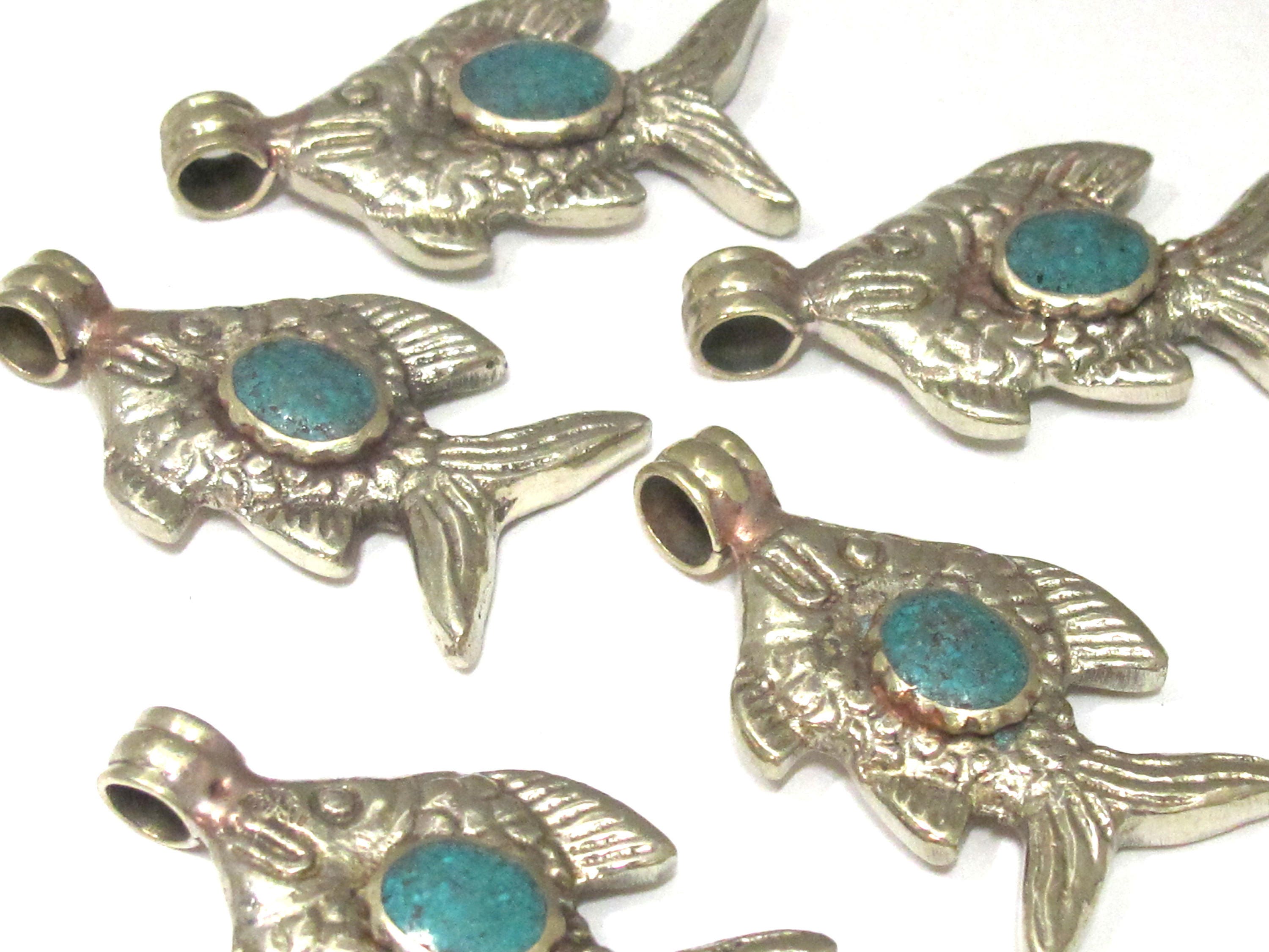 1 Pendant - Dual sided Tibetan silver fish repousse pendant with turquoise inlay from Nepal - PM563A