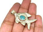 1 Pendant - Dual sided Tibetan silver fish repousse pendant with turquoise inlay from Nepal - PM563A