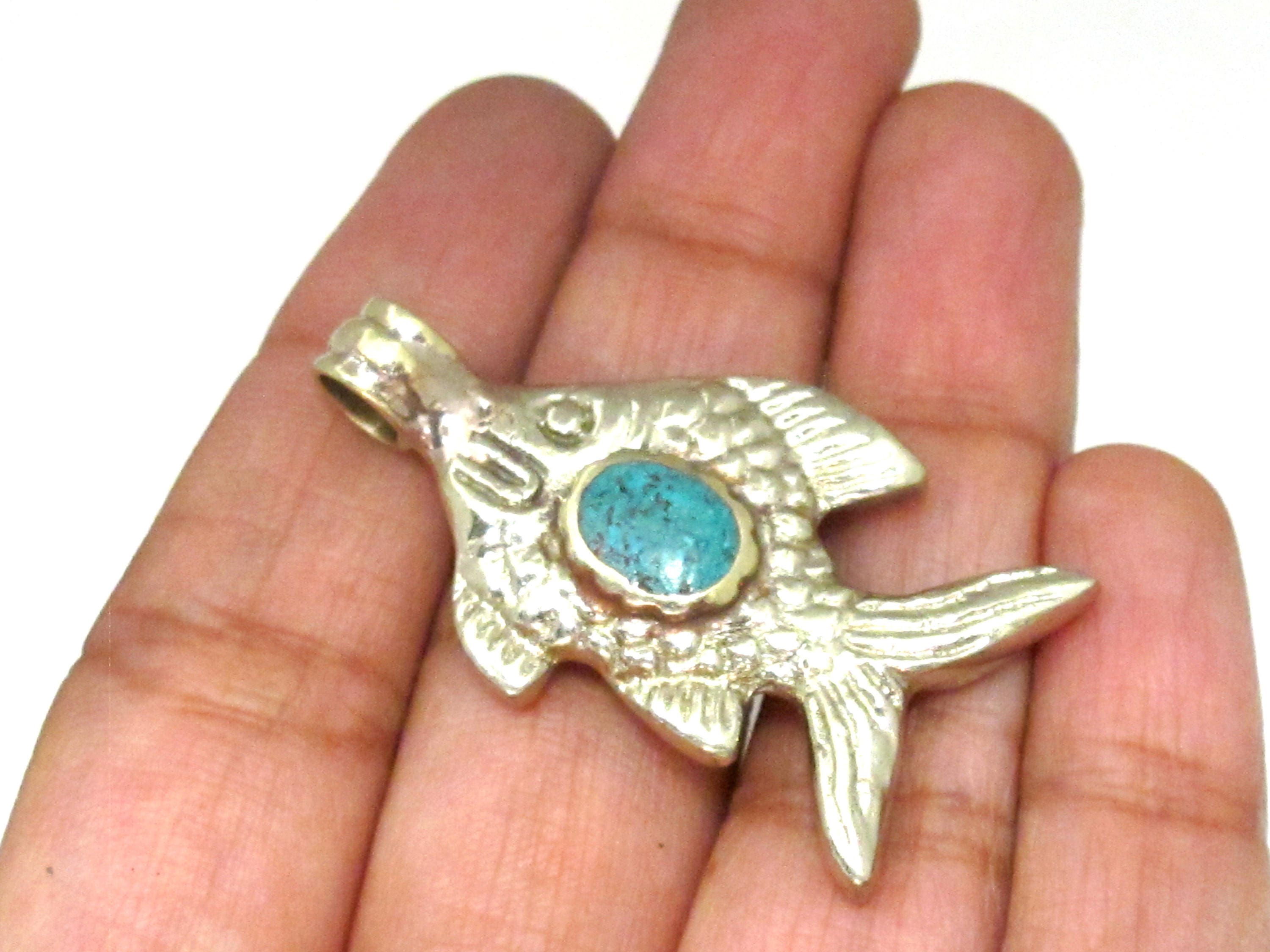 1 Pendant - Dual sided Tibetan silver fish repousse pendant with turquoise inlay from Nepal - PM563A