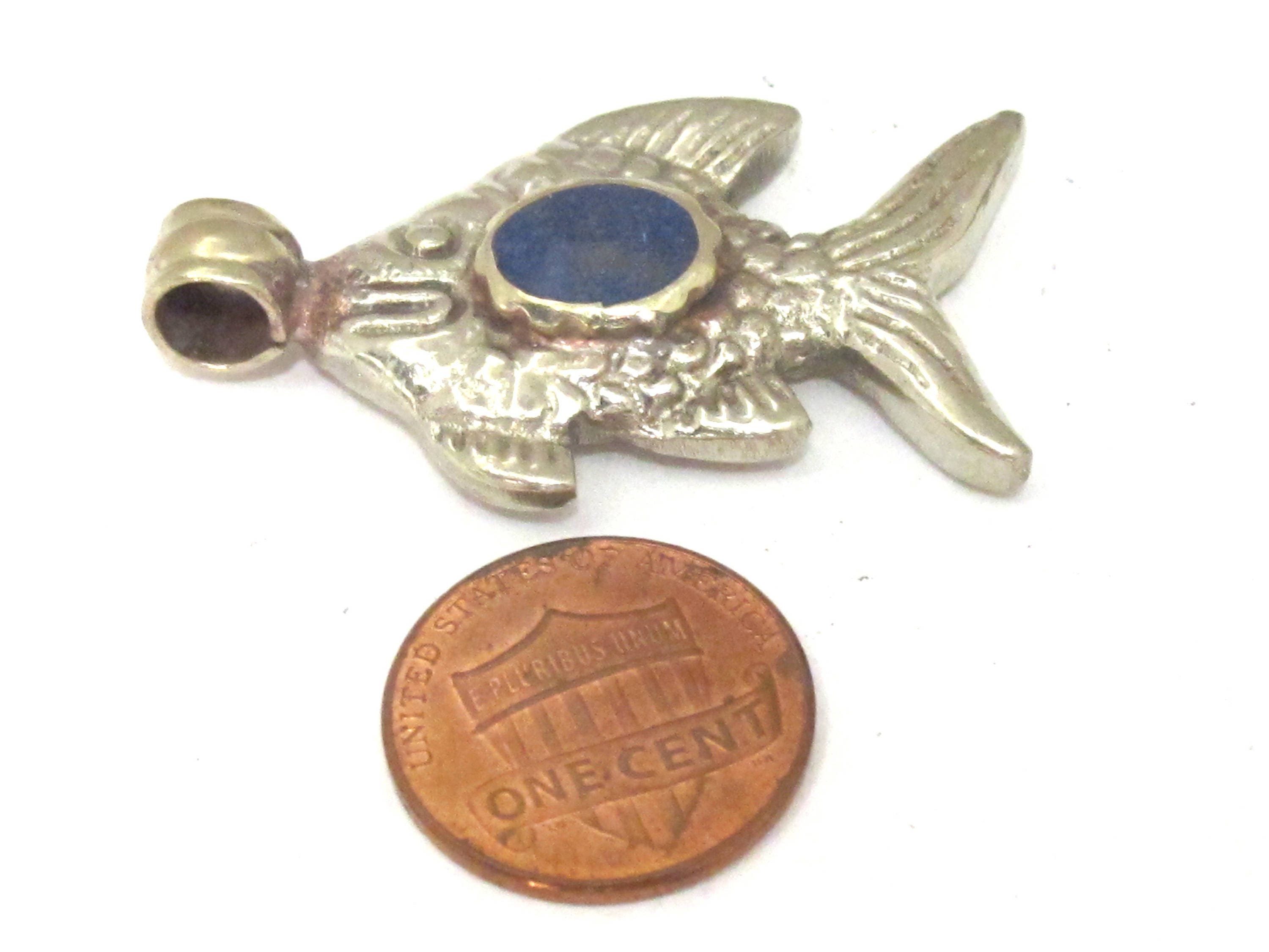 1 Pendant - Dual sided Tibetan silver fish repousse pendant with lapis inlay from Nepal - PM563B