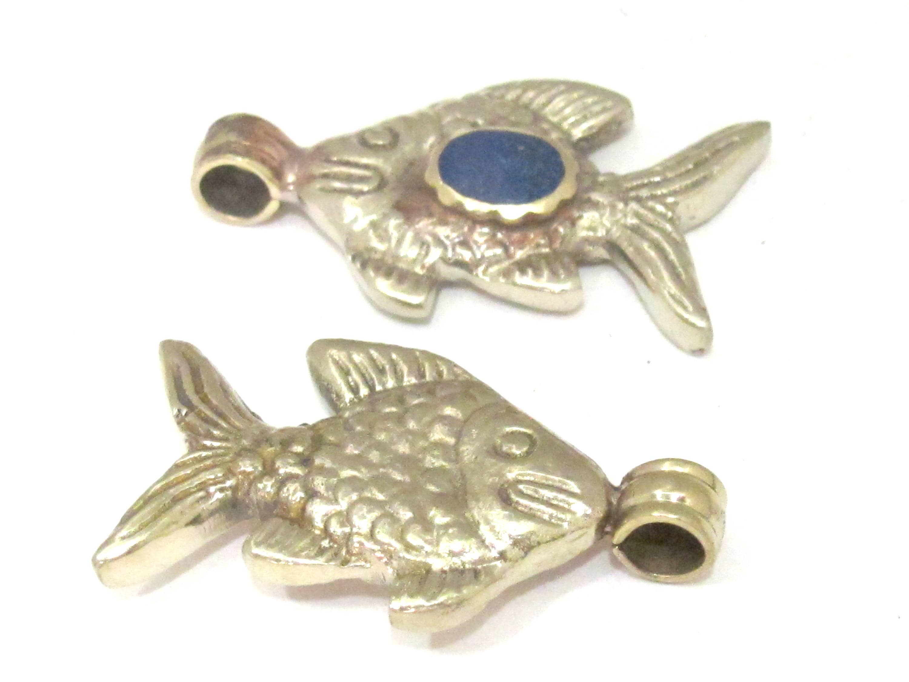 1 Pendant - Dual sided Tibetan silver fish repousse pendant with lapis inlay from Nepal - PM563B