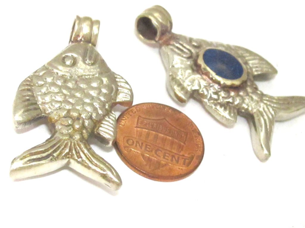 1 Pendant - Dual sided Tibetan silver fish repousse pendant with lapis inlay from Nepal - PM563B
